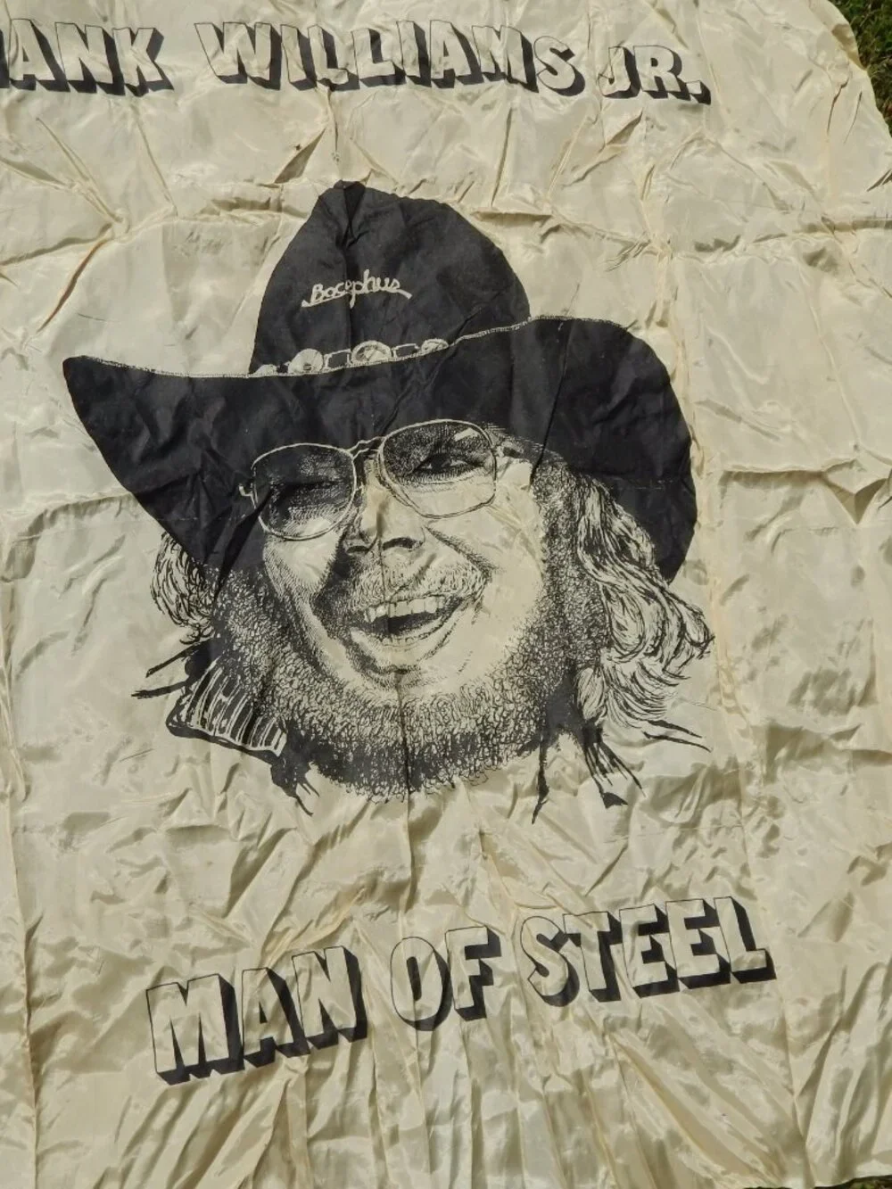 VINTAGE HANK WILLIAMS JR. MAN OF STEEL BOCEPHUS SATIN BANNER Country Music
